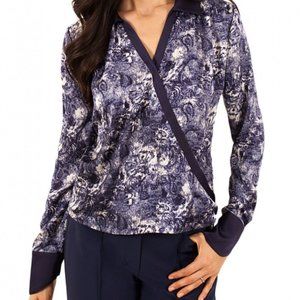 Marisa Kenson Navy Blue White Abstract Paisly Collared Hi-Lo Shirt - size M NWT